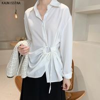 Wholesale Women s Blouses Shirts Spring Autumn Women Blouse Loose Irregular Design Shirt Casual Solid Color BF Style Ladies White Black Top