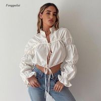 Wholesale Women s T Shirt European And American Style Cut Out Bandage Top Sell Puff Long Sleeve Sexy Pleated Shirt