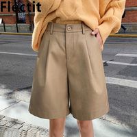 Wholesale Flectit Chic Womens Leather Bermuda Shorts With Pocket Wide Leg High Waist Tailored Suit Shorts Fall Winter Plus Size S XL