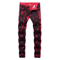 Wholesale Men s Jeans Male Fashion Skeleton Skull Printed Night Club Personality Slim Fit Red Denim Pants Long Trousers