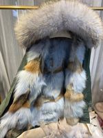 Wholesale light blue raccoon fur trim hoody mukla furs sky blue coyote fur lining army green long parkas men women snow jackets ykk zipper