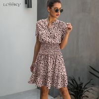Wholesale Dress Women Leopard Casual Black Summer Ruffle Mini Dresses Buttons Ladies Purple Waisted Fitted Clothing Womens Clothes