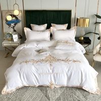 Wholesale Bedding Sets White Premium S Satin Washed Silk Cotton Exquisite Gold Embroidery Set Duvet Cover Bed Linen Fitted Sheet Pillowcases