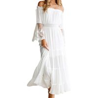 Wholesale Casual Dresses Elegant Women Dress Solid Color Flared Sleeve A Line Lace Off Shoulder Double Layers White Long Wedding Party