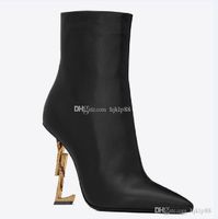 Wholesale New Spring Fall Black Real leather Wedding Bridal Shoes OPYUM Snake Heels Pointed Toe Letters High Heels Pumps Ladies Boots Designer DH