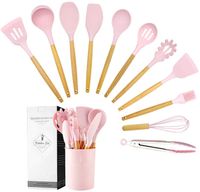 Wholesale Silicone Kitchen Utensil Set Pieces Cooking with Wooden Handles Holder for Nonstick Cookware Spoon Soup Ladle Slotted Turner Whisk Tongs Brush Pasta Server