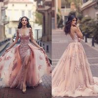 Wholesale Saudi Arabic Over skirt Mermaid Evening Dresses Top Quality Sheer Backless V Neck Appliques with Capes Long Prom Party Split Gowns