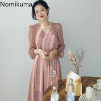 Wholesale Casual Dresses Nomikuma Slim Waist Lace Up Chiffon Dress Women Floral Print V Neck Long Sleeve Vintage A Line Korean Vestidos a489