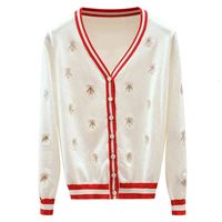 Wholesale Women s Sweaters Bee embroidered sweater high quality fashion design long sleeve coat knitted with contrast colored button NN8