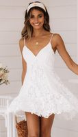Wholesale Casual Dresses White Hollow Lace V Neck Chic Slim Short Sling Dress Women Backless Sexy Vestidos Summer Beach Party A Line Mini Bodycon Clot