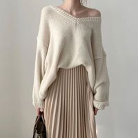 Wholesale Skirts Spring Fall Knitted Piece Set Apricot Women Sexy V Neck Dot Pullover Sweater Elastic High Waist Pleated Skirt Suits