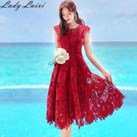 Wholesale High quality Women Party Dress Vintage Red Lace O Neck Runway Elegant Ladies es Summer Clothes For