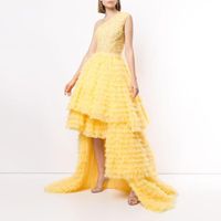 Wholesale Casual Dresses Elegant Yellow Draped Tulle High Low Bridal Formal Event Party One Shoulder Lace Long Ruffles Prom Gowns