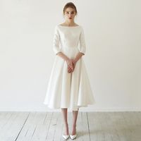 Wholesale White Satin Tea Length Wedding Dress with Sleeves A Line Destination Wedding Gowns Plunging Back vestidos de noiva