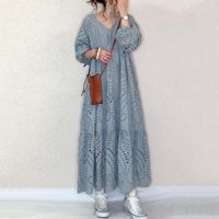 Wholesale Casual Dresses Women s Dress Hollow Design Plain Summer Loose Maxi Long Sleeve Draped Wrinkled Ladies Korea Fashion Clothing