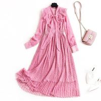Wholesale Casual Dresses Europe Spring Fashion Sweet Ruffles Bow Long Sleeves Letters Printed Romantic Fairy Striped Pink Maxi Dress Women
