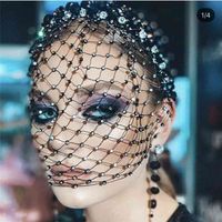 Wholesale Sexy Black Luxury Crystal Mesh Hair Band Head Hoop Headband Cover Face Veil Headpiece Wedding Jewelry for Women