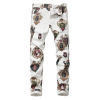 Wholesale GinzoUS Men s badge D printed white jeans Fashion colored drawing slim fit stretch pants Long trousers