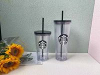 Wholesale starbucks mugs oz ml plastic cups reusable doublelayer transparent coffee flat straw column cover bdian cup milk teacup