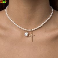 Wholesale kshmir cross pendant chain necklace for girls party jewelry freshwater pearl new vintage baroque natural cm women punk