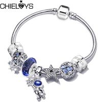 Wholesale 2022 New Silver Color Charm Bracelets with Blue Star Moon Beads Pendant for Women Space Series Jewelry Gift