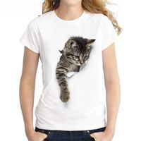 Wholesale Women Hot Sale T shirts Lovely Cat Printing White Color Casual Short Sleeve O Neck T Shirt Tops camisetas mujer