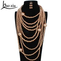 Wholesale Pendant Necklaces Exaggerated Pearl Beaded Super Long Necklace Women Statement Choker Body Jewelry Gold Shoulder Chain Earrings Collar Set