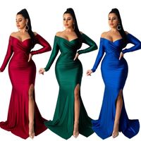 Wholesale Casual Dresses Autumn Winter Women Sexy Night Party Club Long Off Shoulder Plunging V neck High Side Split Mermaid Maxi Dress