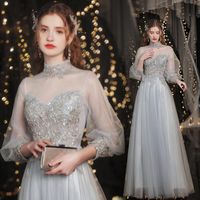 Wholesale Casual Dresses Grey Embroidery Beading Long Sleeve Plus Size Bridesmaid Bride Wedding Dress Party Birthday Evening For Women