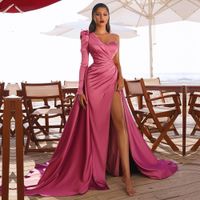 Wholesale Rose Pink Pleat Satin Sexy One Shouldr Evening Dresses Gowns A Line High Split For Women Party Night Celebrity Dress