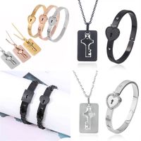 Wholesale Couple Love Heart Lock Bangle Bracelet and Key Pendant Necklace Piece Set Valentine s Day Steel Chain Wristband Girlfriend Lover Favor Party Gifts GT0A5J4