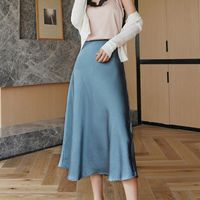 Wholesale Skirts TingYiLi Women s Summer Satin A line Midi Skirt High Waist Elegant Office Ladies Black Blue Green Beige Korean Style