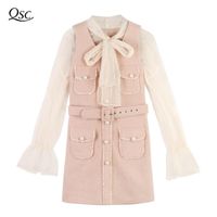 Wholesale Casual Dresses Mesh Long Shirts Pink Wool Vest Dress Pieces Set Fashion Spring Woolen For Women Sashes Beading Sweet Bow Shirt