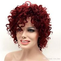 Wholesale Rihanna s Same Hairstyle Afro Kinky Curly Short Wigs for Black Women Burgundy inch Wine Red Synthetic Hair Pelucas Perruque Afro Per