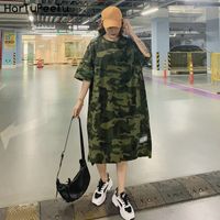Wholesale Camouflage Plus Size Loose Dress Women Long T Shirt Summer Dresses for kg Girls Korean Half Sleeve Irregular Cotton Tees X0521
