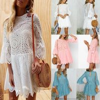 Wholesale Casual Dresses FNOCE Foreign Trade Cross border Colors Summer Sexy Button Lace Round Neck Three quarter Sleeves Ruffle Dress Women s Cloth