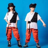 Wholesale Clothing Sets Boys Hip Hop Vest Girls Orange Cargo Pant Outfit Child T shirt Chest Bag Joggers Street Dance Kids Streetwear Costume Sportwea