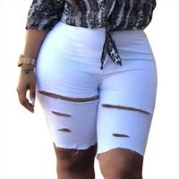 Wholesale White Sexy Hole High Waist Straight Denim Shorts Women Summer Cotton Solid Color Slim Jeans Shorts Lady Knee Length