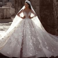 Wholesale Real Images A Line Wedding Dresses Luxury Dubai Arabic Lace Long Sleeves D Flowers Beading Plus Size Vintage Bridal Gowns Custom
