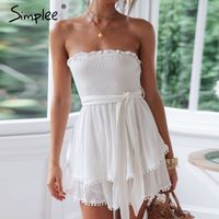 Wholesale Simplee Off shoulder ruched women linen jumpsuit Summer tassel white cotton plus size romper Sexy holiday beach overall jumpsuts Y200904