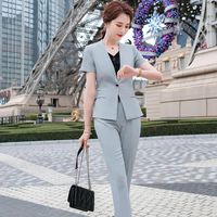 Wholesale Summer Ladies Grey Blazer Women Business Suits Pant and Jacket Sets Work Clothes Office Uniform Style