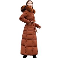 Wholesale women plus size X long waisted slim parkas mujer winter coats casual thick warm with belt fur solid jackets feminina