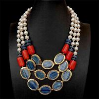 Wholesale Y YING Natural strands Blue Kyanite Red Coral Real White Pearl statement Necklace Female Jewelry quot