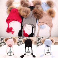 Wholesale Fashion Kids Baby Winter Warm Beanie Hats Boy Girl Cute Double Fur Pom Bobble Small Braid Pigtail Knit Hat Cap Pink Red Beige Y21111
