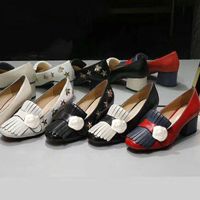 Wholesale Classic Mid heeled boat shoe Designer leather Thick heel high heels cowhide Tassels Round head Metal Button women Little bee Dress shoes Large size us5 us11