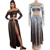 Wholesale 2021 New Bling Holographic Two Piece Set Women Slash Neck Sleeve Crop Top Sexy Side Slits Long Skirt Evening Wear Formal Outfits G6NR