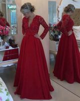 Wholesale Red Lace Mother of the Bride Dress for Weddings Beaded Long Sleeve A Line Evening Groom Godmother Dresses