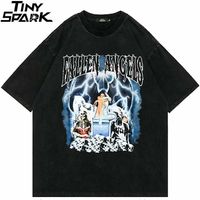 Wholesale Hip Hop Streetwear Washed T Shirt Lightning Skull Girl Letter Print T Shirt Harajuku Cotton Men Short Sleeve Tshirt Black