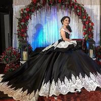 Wholesale 2021 Gothic Black Wedding Dresses Princess Ball Gown Bridal Gowns White Lace Arabic Vestidos Anos Birthday Party Gowns Sweet Masquerad