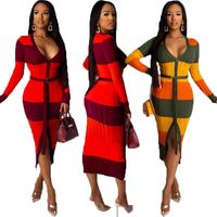 Wholesale Casual Dresses European And American Women s With Sexy Long Sleeves Print Front Slit Button